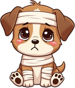 a very sad bandaged puppy